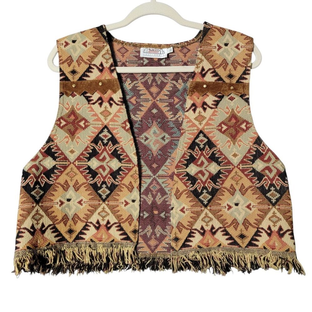 VTG Rialto California Southwestern Aztec Boho Woven Fringe Tapestry Vest Large